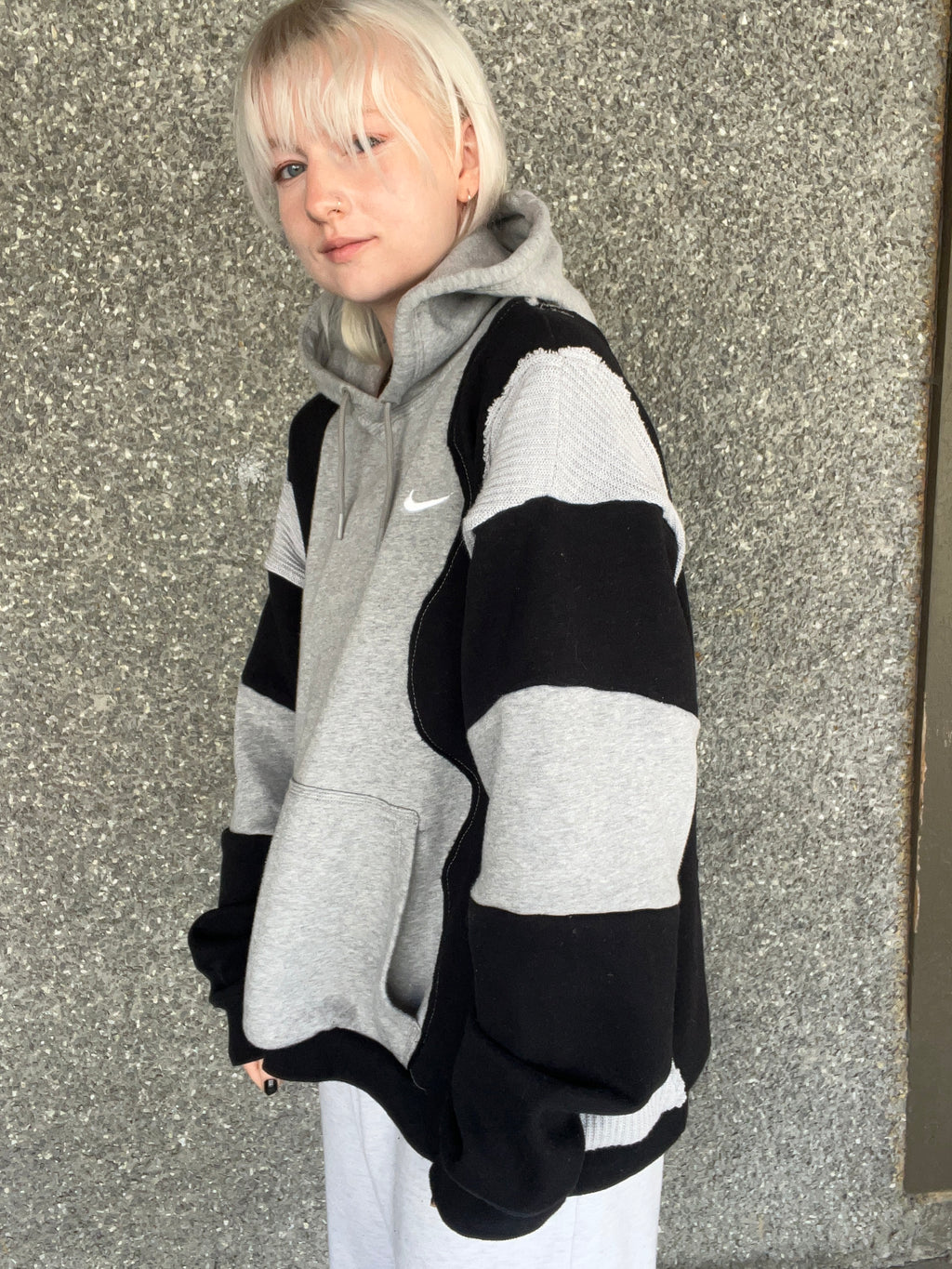 Upcycled Grey Patchwork Hoodie Black and Knit XL