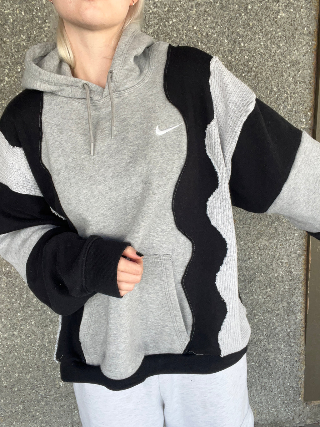 Upcycled Grey Patchwork Hoodie Black and Knit XL