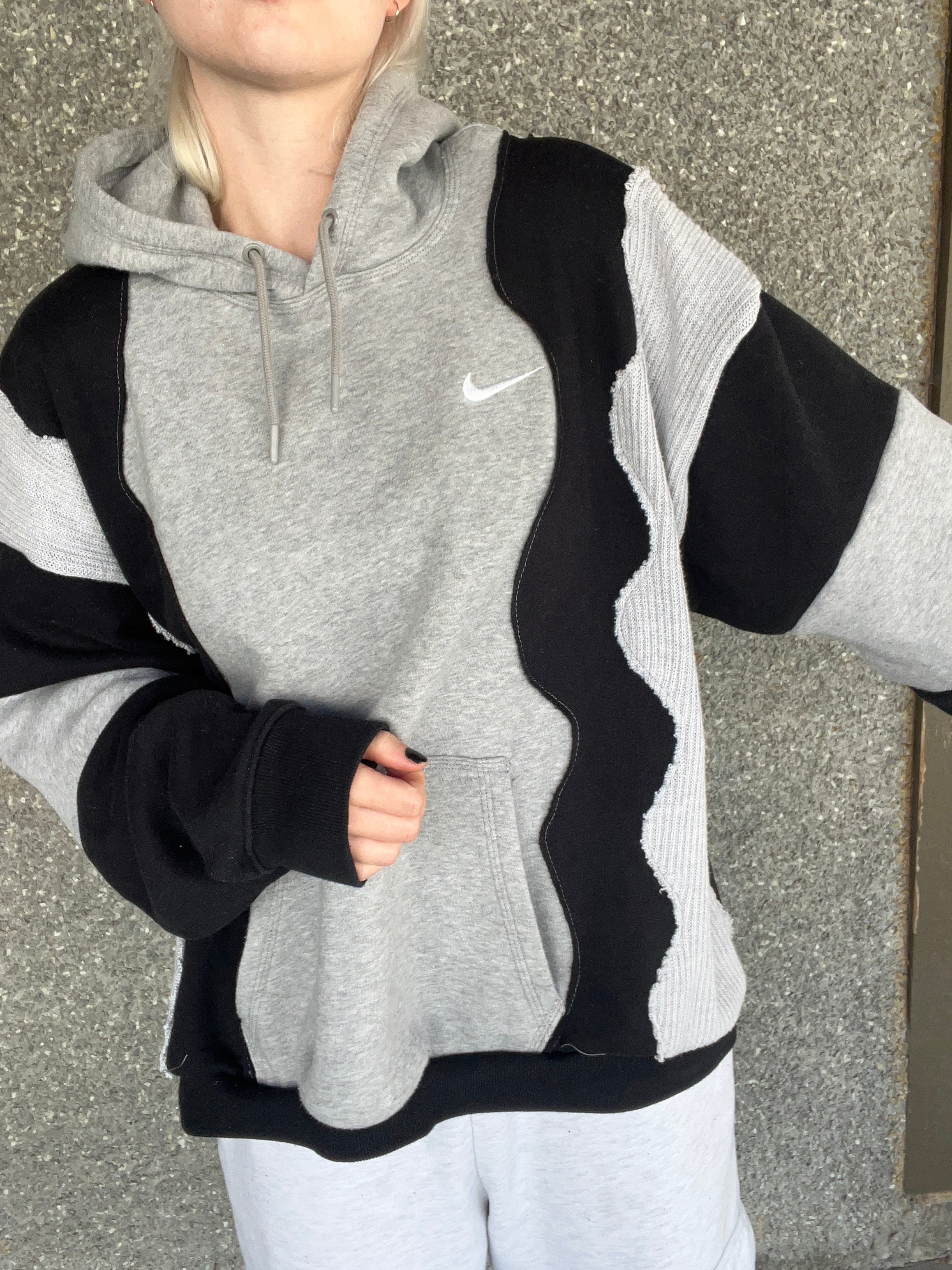 Upcycled Grey Patchwork Hoodie Black and Knit XL