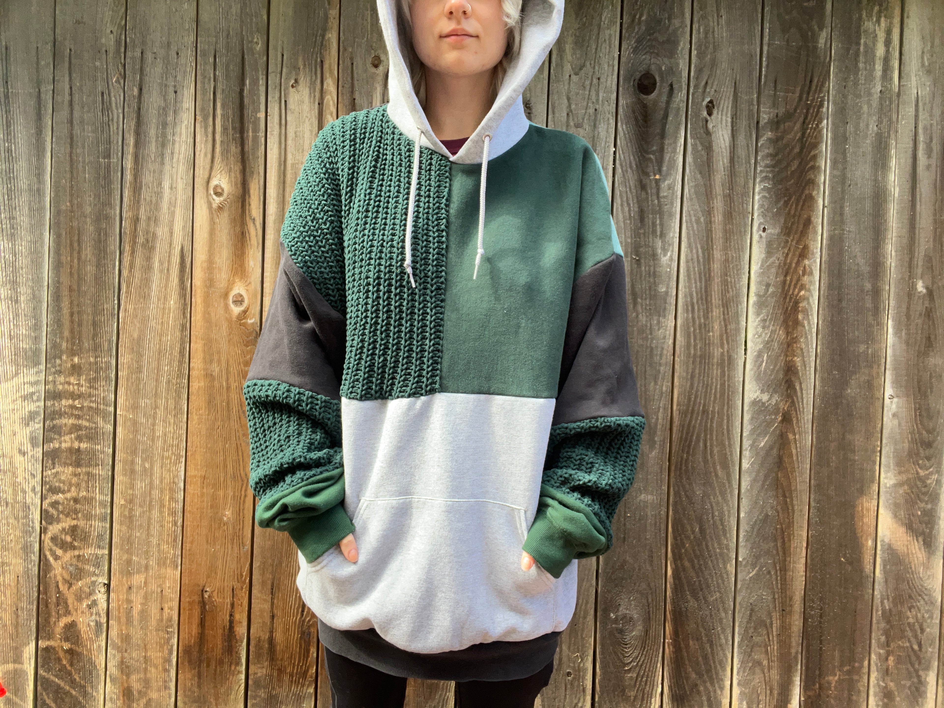 Green Knit Patchwork Hoodie XL
