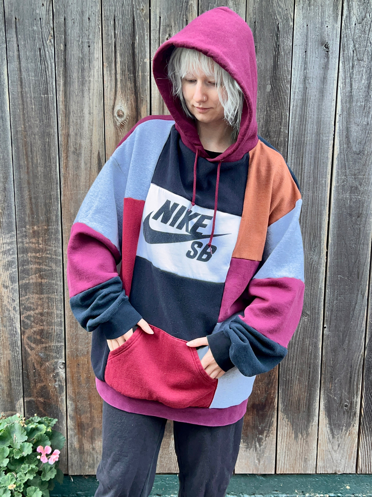 Patchwork Men’s XL Hoodie Black Red and White