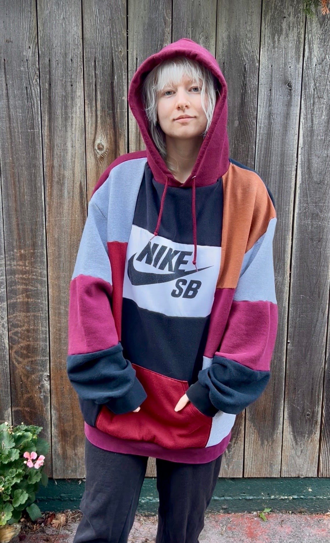 Patchwork Men’s XL Hoodie Black Red and White