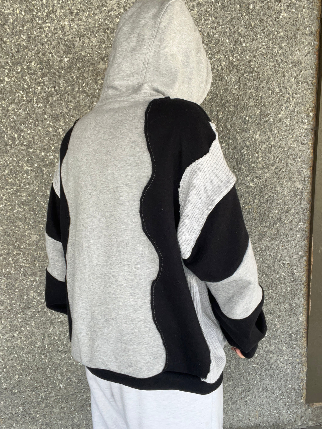 Upcycled Grey Patchwork Hoodie Black and Knit XL