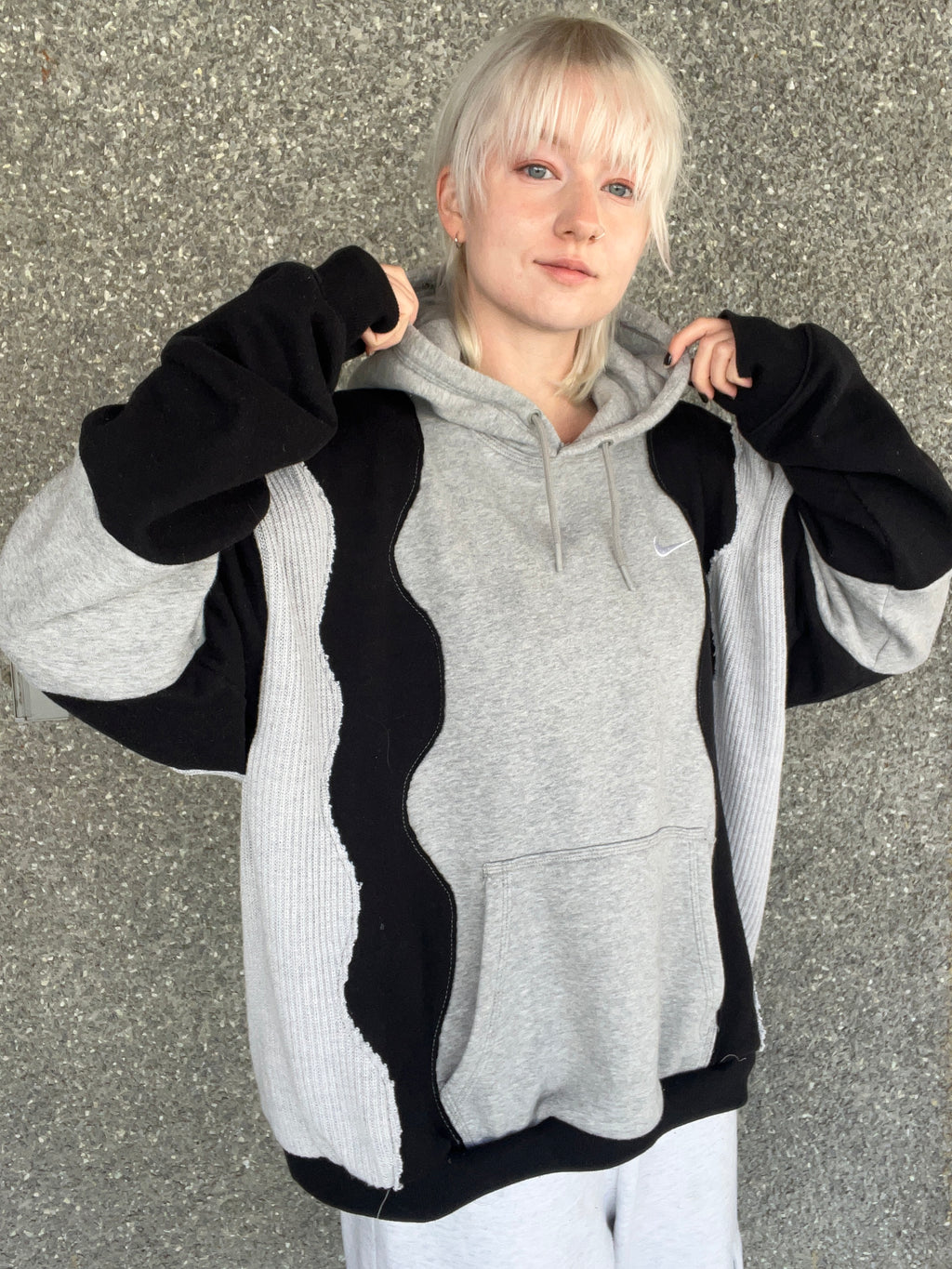 Upcycled Grey Patchwork Hoodie Black and Knit XL