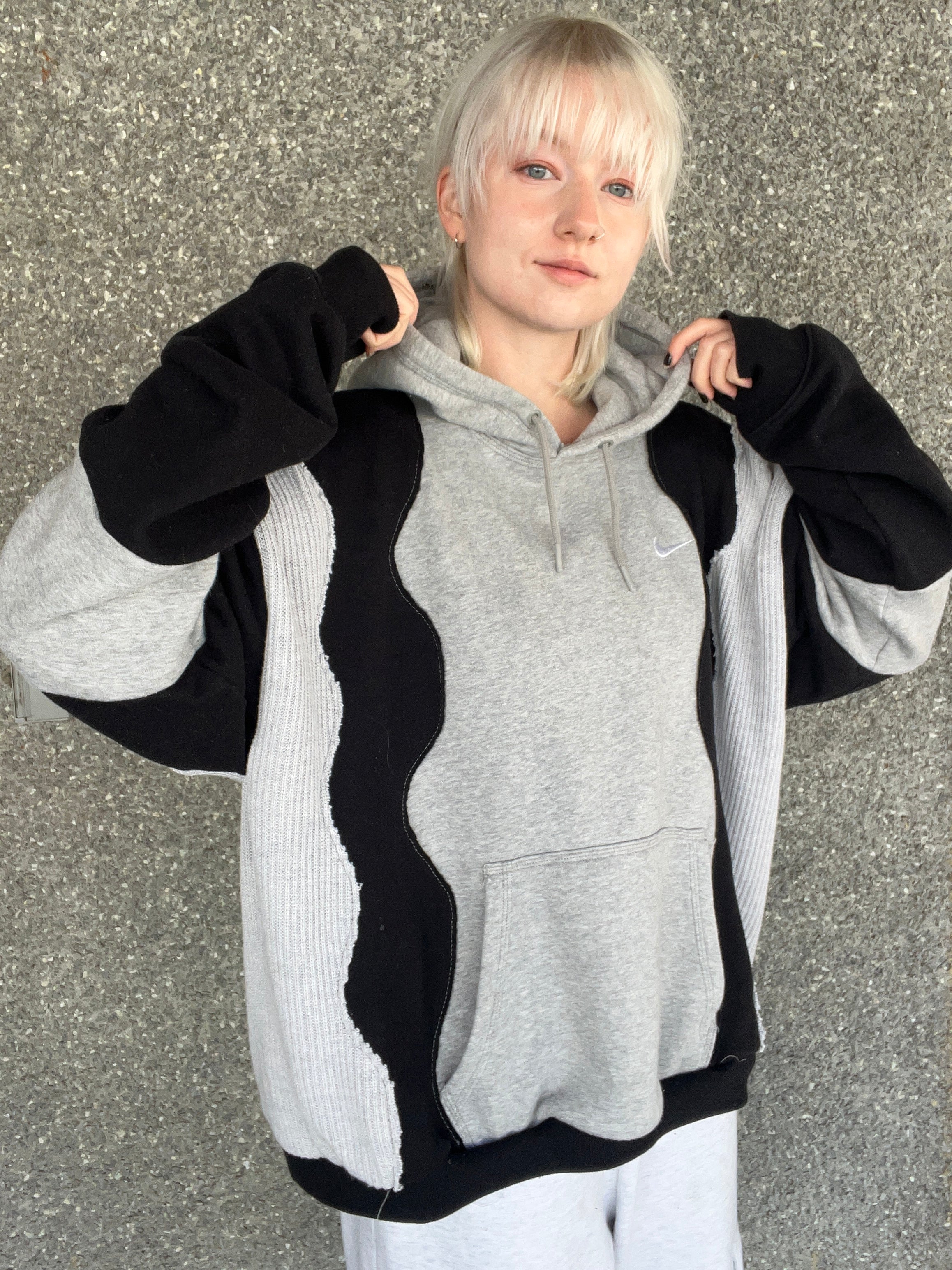 Upcycled Grey Patchwork Hoodie Black and Knit XL