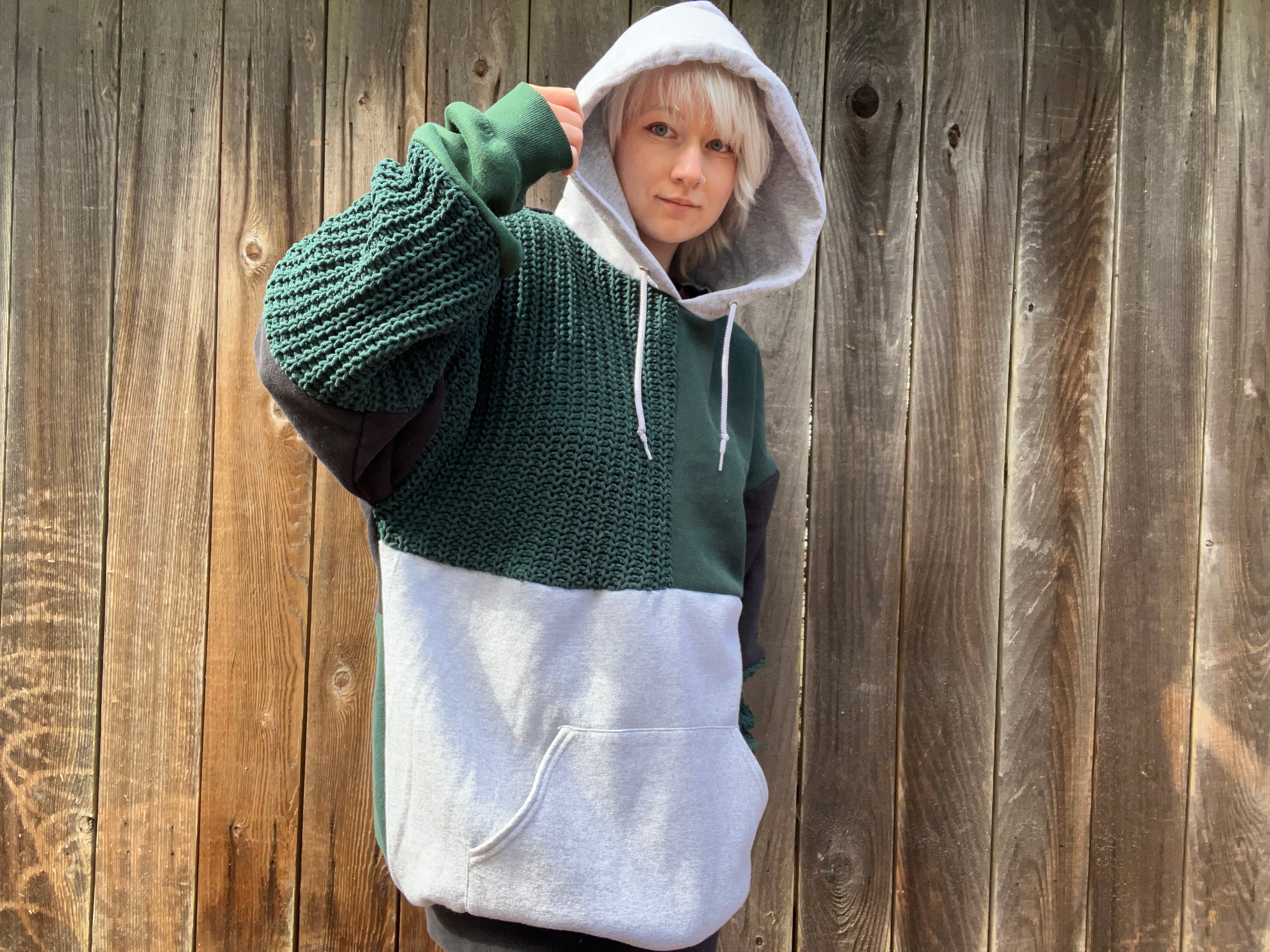 Green Knit Patchwork Hoodie XL