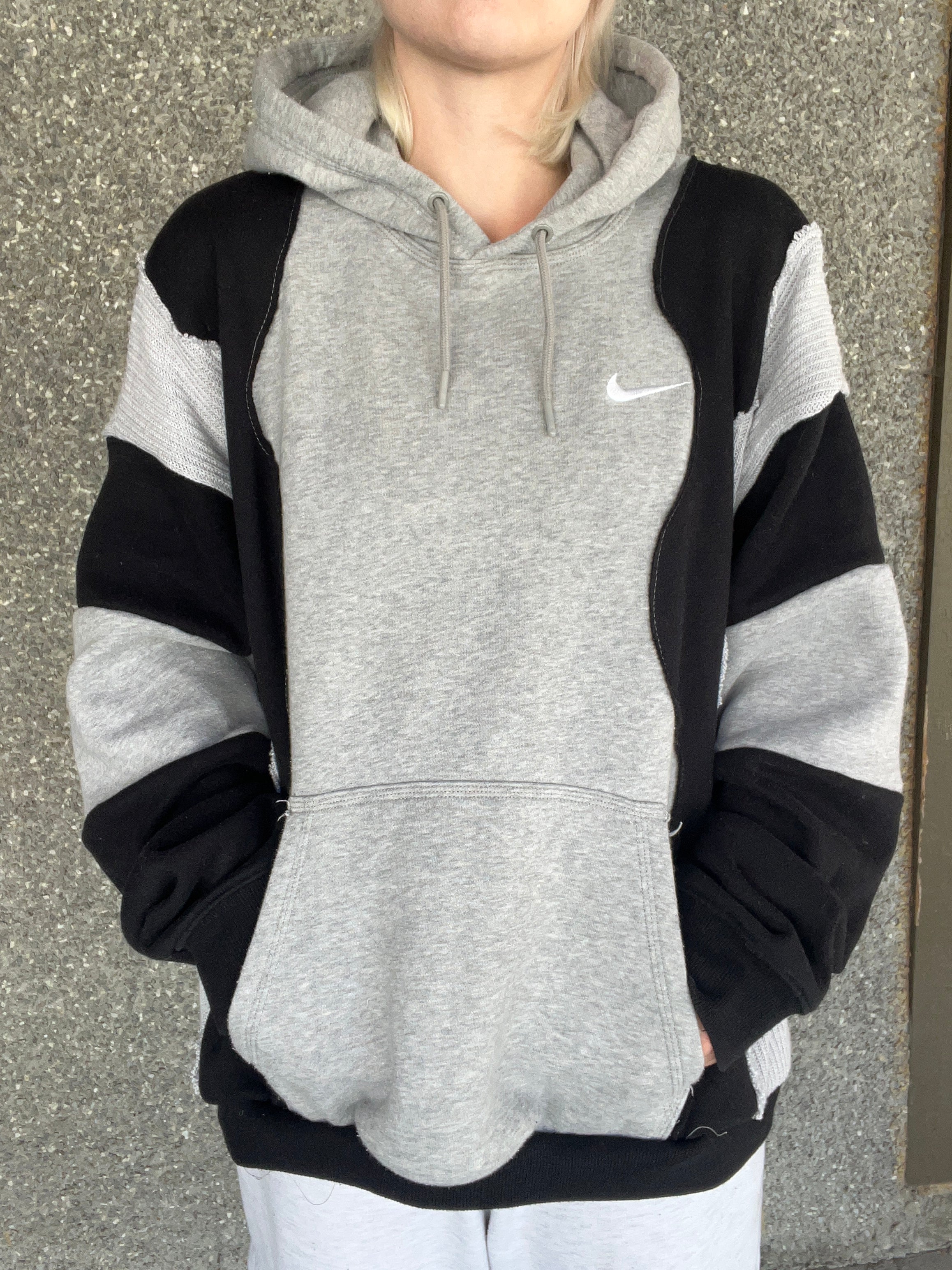 Upcycled Grey Patchwork Hoodie Black and Knit XL