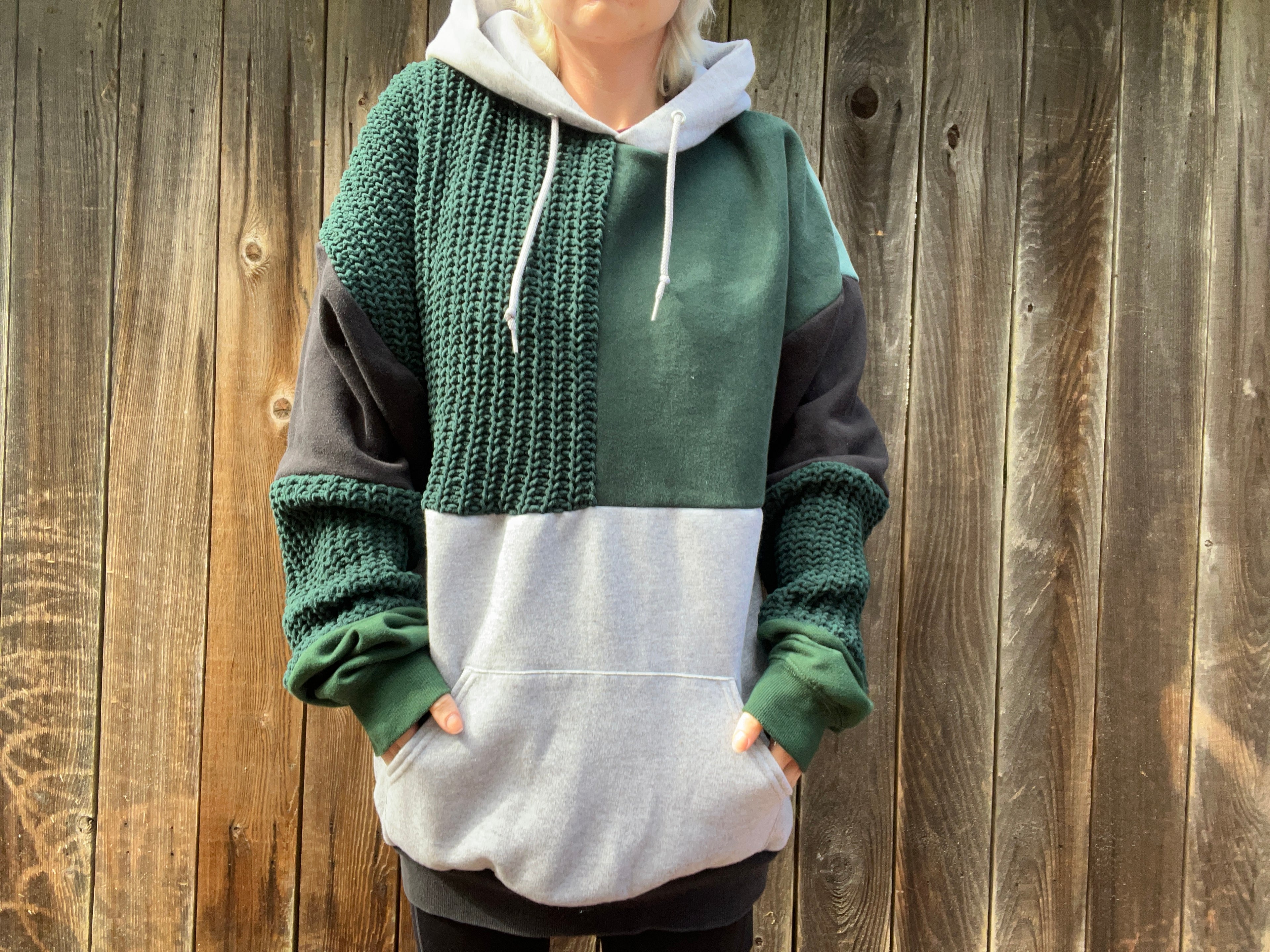 Green Knit Patchwork Hoodie XL