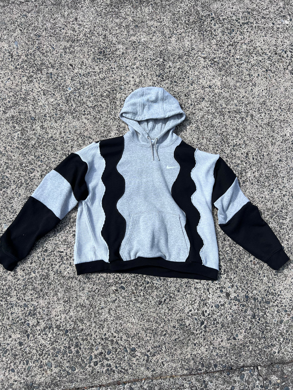 Upcycled Grey Patchwork Hoodie Black and Knit XL