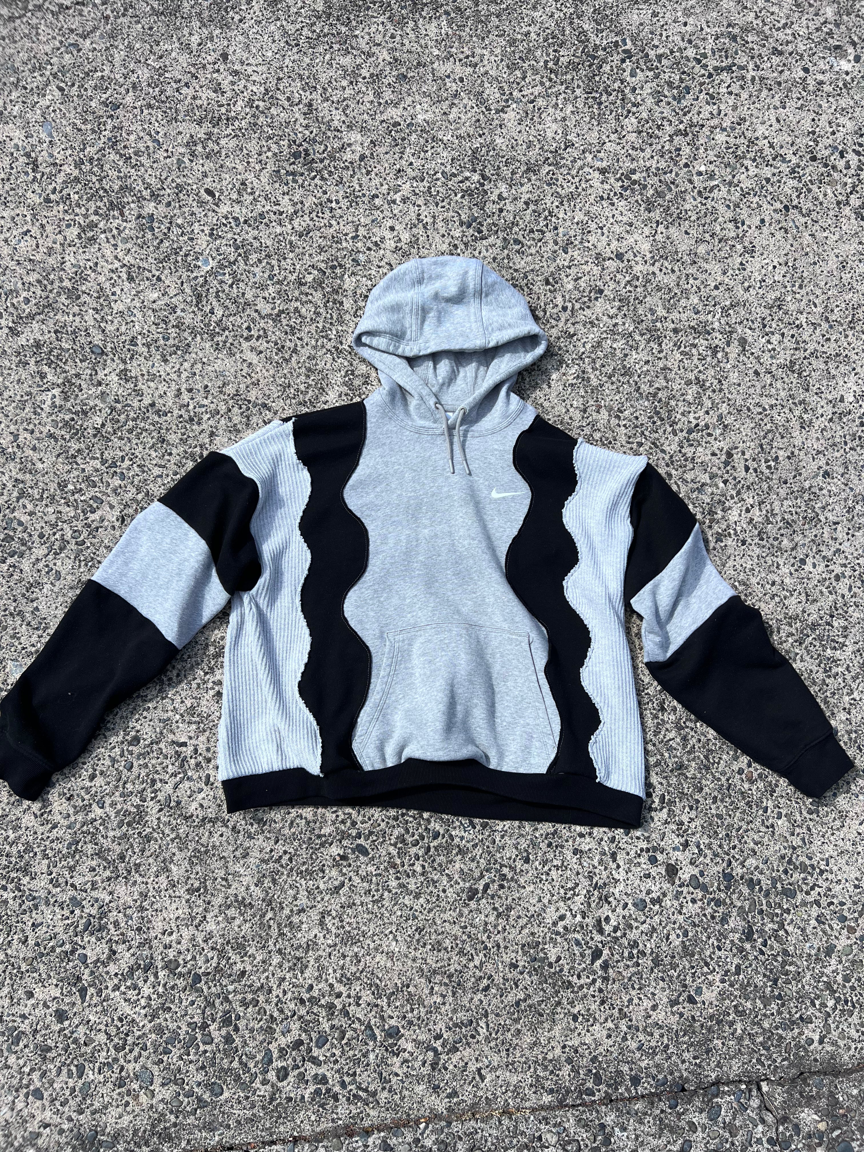 Upcycled Grey Patchwork Hoodie Black and Knit XL